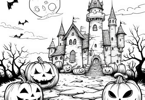 Halloween pumpkins in front of haunted castle: Coloring page available ...