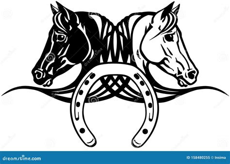 Heads of Black and White Horses with Shoe Stock Vector - Illustration ...