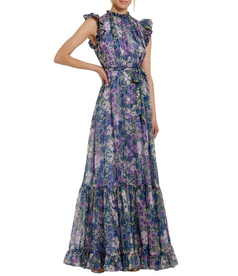 Mac Duggal Mock Neck Ruffle Shoulder Floral Printed Chiffon Maxi Dress ...