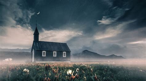 Wallpaper house, flowers, fog, moon, stars hd, picture, image