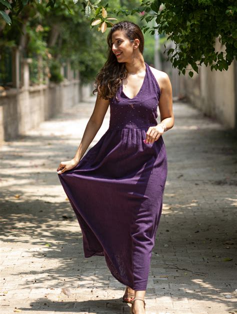 Buy Handwoven Elegance. Organic Kala Cotton Long Dress - Deep Purple Online