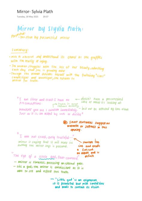 Summary Mirror By Sylvia Plath Analysis - English Home Language - Stuvia SA