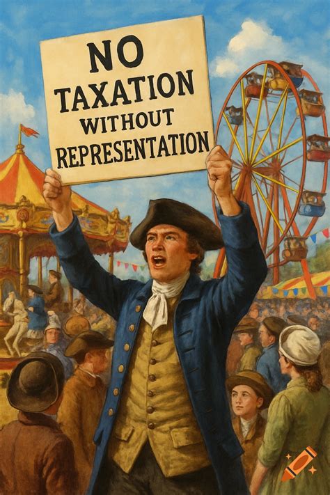 A colonist holds a 'No Taxation Without Representation' sign at a ...