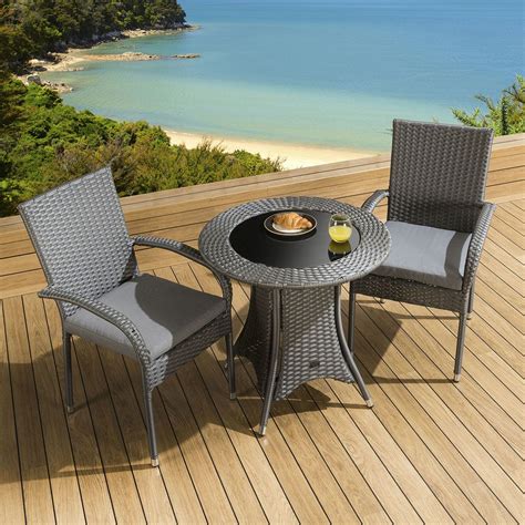 Balcony Set Table 2 Armed Chairs Grey Rattan & Glass Silver Cushions ...