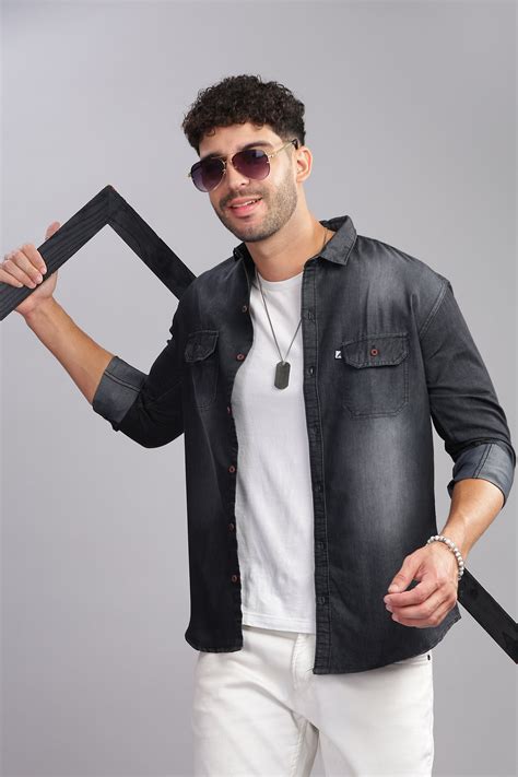 Shop Shaded Double Pocket Denim Shirt for Men Online