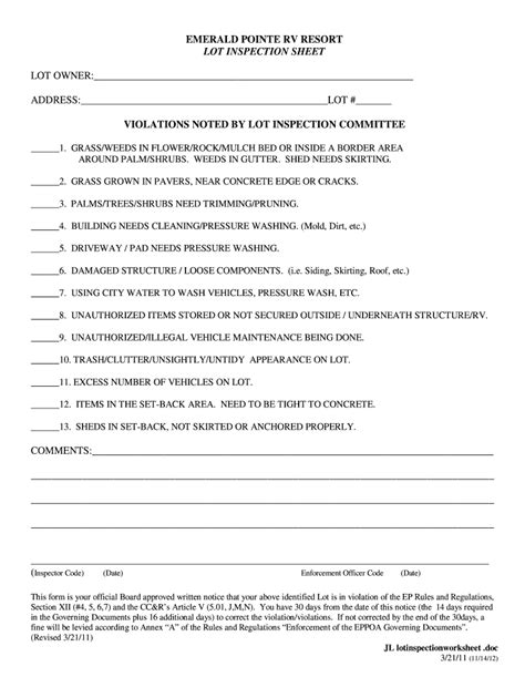 Fillable Online EMERALD POINTE RV RESORT LOT INSPECTION SHEET LOT ...