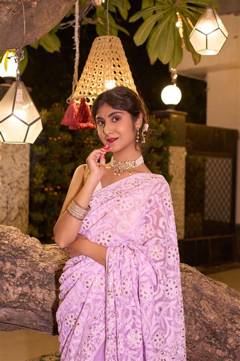 Georgette Chikankari Saree - Lavender – Paridhan Chikan Exclusive