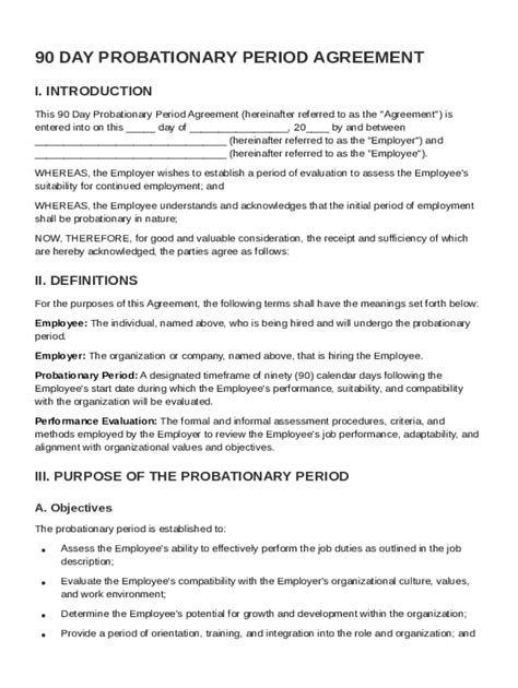90 Day Probationary Period Agreement Template - Blank Fillable Template ...