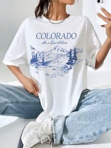 SHEIN EZwear Mountain & Letter Graphic Drop Shoulder Oversized Tee ...
