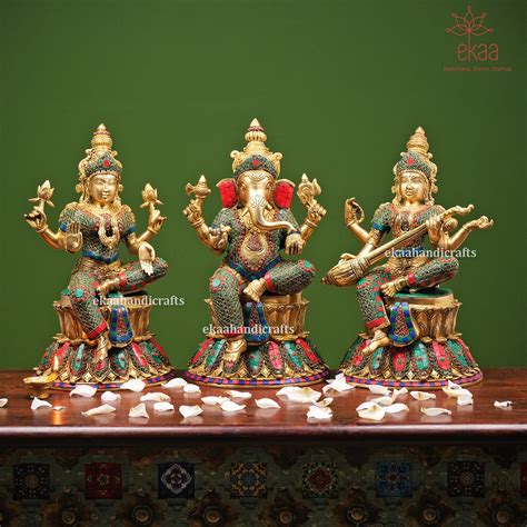 Brass Ganesh Lakshmi Saraswati Statue in Stonework – Ekaa Handicrafts