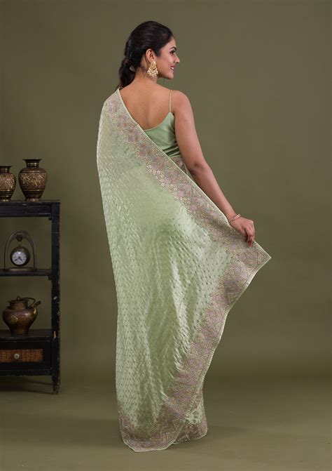 Buy Pista Green Stonework Satin Saree - Koskii