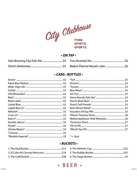 Menu at Detroit City Fieldhouse pub & bar, Detroit