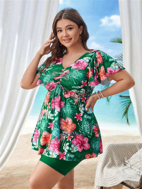 Plus Floral Print V-Neck Top With Drawstring And Boyshorts Green – Plus ...
