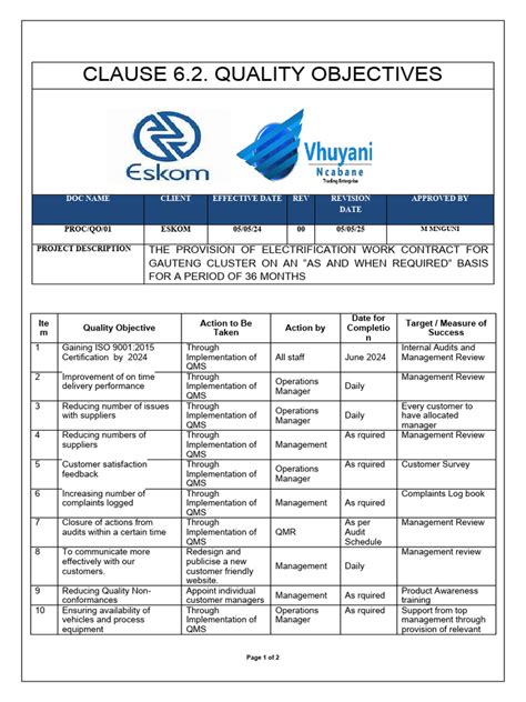 Image result for Quality Objectives Form Example