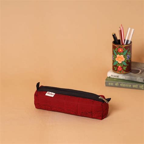 Red Handcrafted Quilted Pencil Pouch