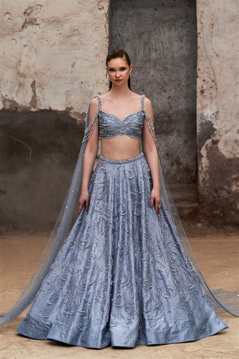 Light Blue Pearl Embroidery Lehenga Set – Pooja Peshoria