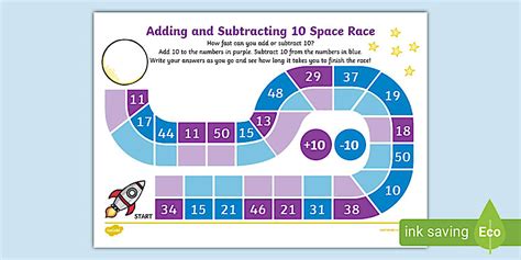 Adding and Subtracting 10 Race Worksheet Game