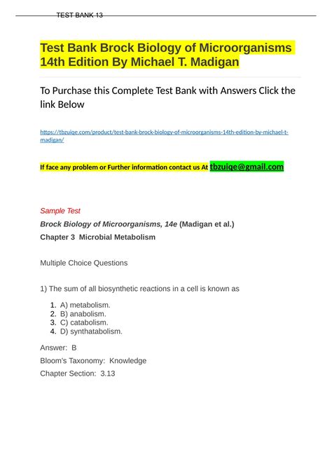 Test Bank Brock Biology of Microorganisms 14th Edition By Michael T. Madigan - Biology 121 ...
