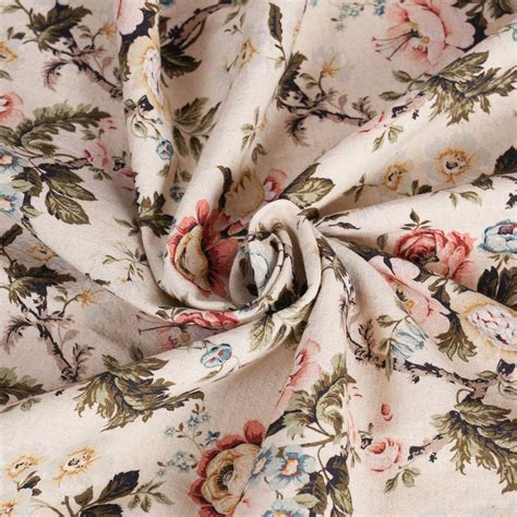 Amour Beige Printed Linen Fabric Vintage Rose Pattern – Vliving