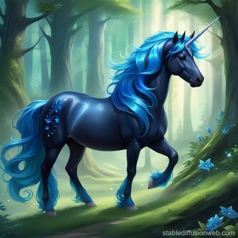 Silver-Horned, Blue-Mane Unicorn in Mystical Forest | Stable Diffusion ...