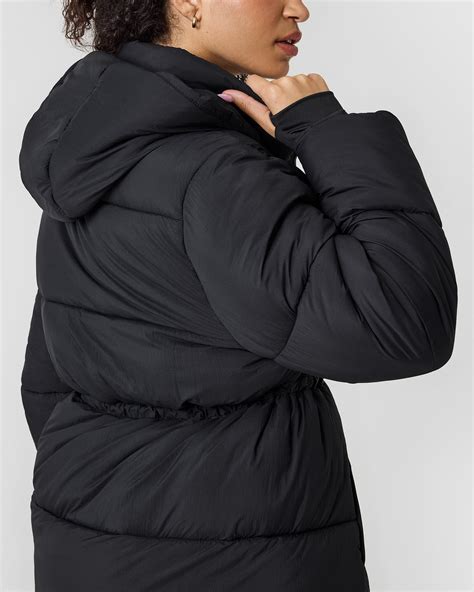 Women's Puffer Jacket Black - Hooded Mid Length | Oner Active UK
