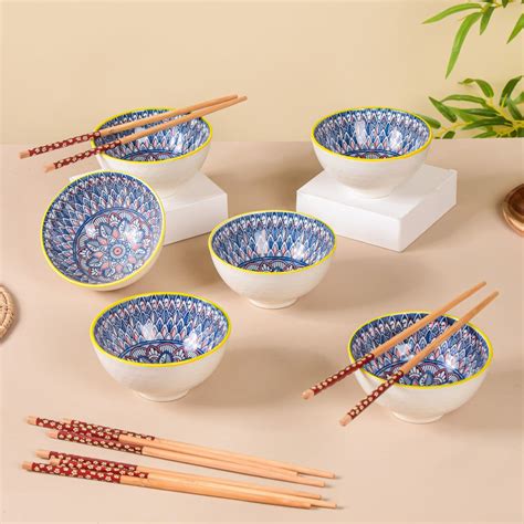 Mandala Ceramic Bowl And Chopstick Multicolour Set Of 6 Online ...