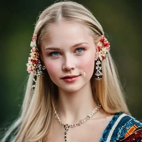 Realistic portrait of a friendly girl with pale blonde hair on Craiyon