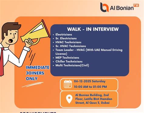 Al Bonian FM Walk-In Interview Dubai | Electrician & HVAC Technician ...