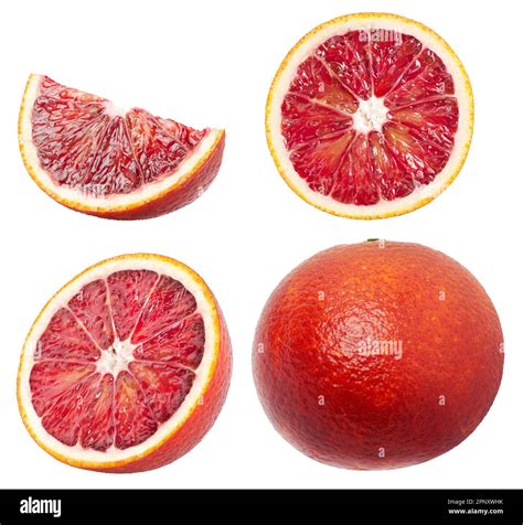 Blood orange collection. Whole, half, slice and a piece of red orange ...
