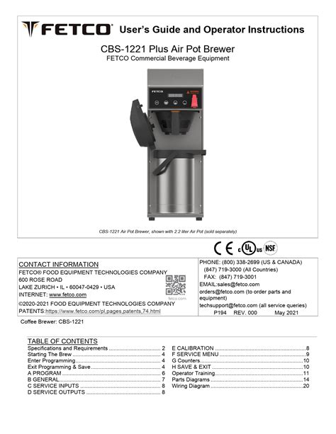 FETCO CBS-1221 Airpot Coffee Brewer User Guide