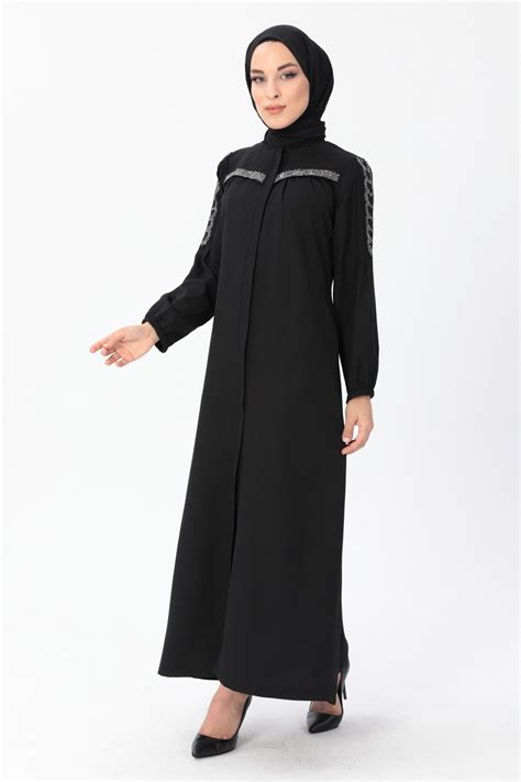 Siyah Fermuarlı Taş Detaylı Ferace - Modamihram | ElbiseBul