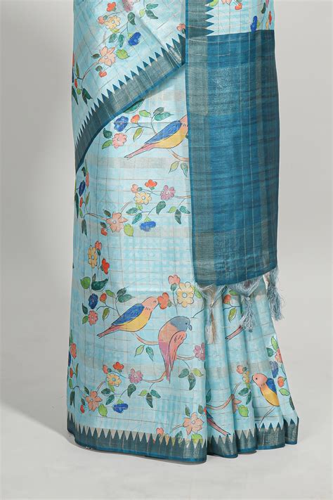 Powder blue checked birds & floral design semi tussar saree with contr ...