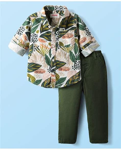 Babyhug Cotton Woven Full Sleeves Shirt & Trouser Set With Leaf Print ...