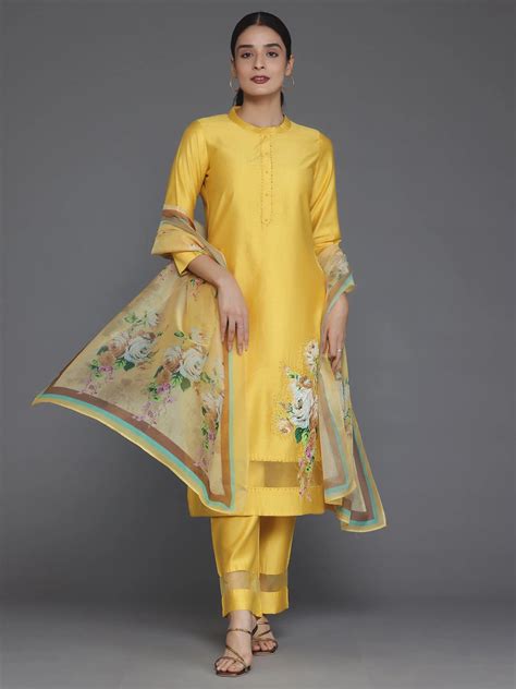 Buy Mustard Self Design Silk Blend Straight Suit With Dupatta Online at ...