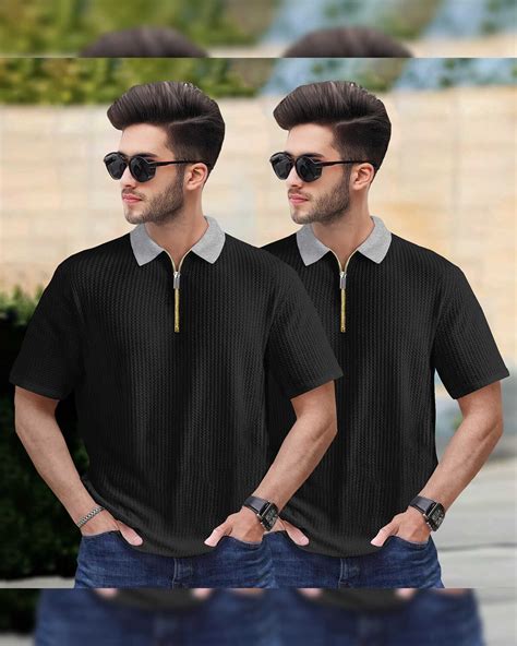 (Pack Of 2) Polo Collar Black Contrast Waffle Textured T-shirts – TRIPR