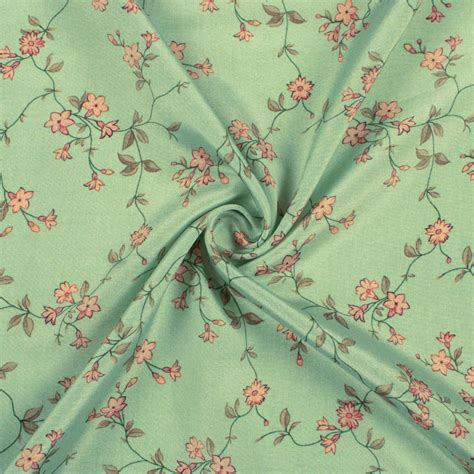 Pistachio Green And Peach Floral Pattern Digital Print Crepe Silk Fabr ...