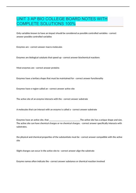 UNIT 3 AP BIO COLLEGE BOARD NOTES WITH COMPLETE SOLUTIONS 100% - AP ...