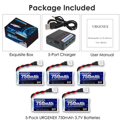 Buy URGENEX 3.7V Lipo Battery 750mAh 25C 5 Pack Lipo Batteries with ...