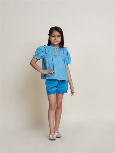 Buy Crystal Schiffli Flared Fit Cotton Girls Top - Blue Flower Online ...