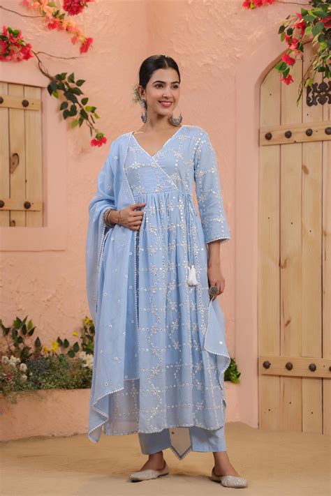 Shop Powder Blue Mulmul Mirror Embroidered Gathered Angrakha Kurta ...