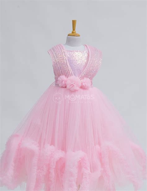 Glittering Pink Gown with Floral Hip Belt – Momatos