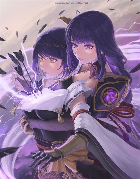 raiden shogun and kujou sara (genshin impact) drawn by bomberminda ...