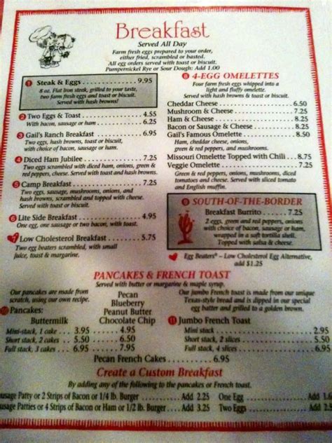 Menu at Billy Gail's cafe, Branson