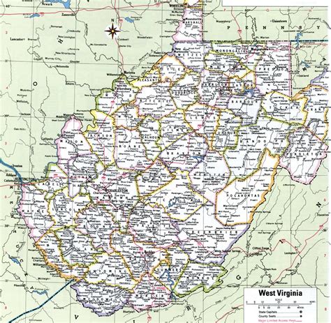 Map of West Virginia showing county with cities and road highways