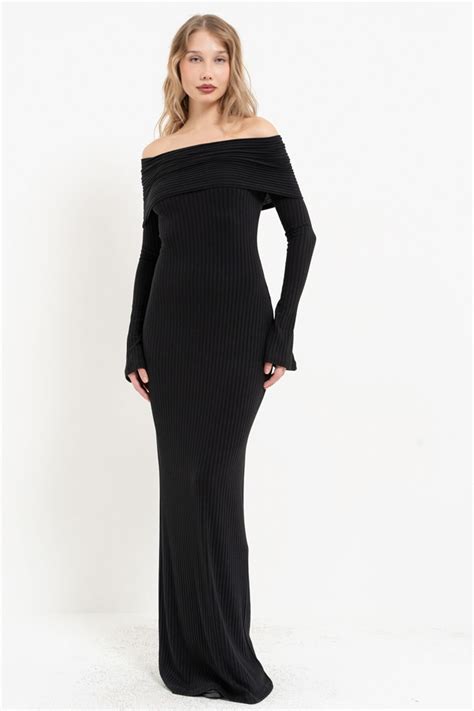 Siyah Madonna Yaka Uzun Kollu Abiye Elbise - Kikiriki | ElbiseBul