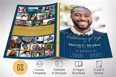 Buy Blue & Gold Funeral Program Template: Celebration of Life (canva, 5 ...