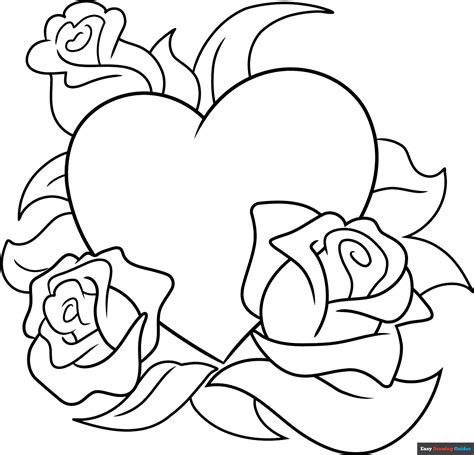 Rose and Heart Coloring Page | Easy Drawing Guides