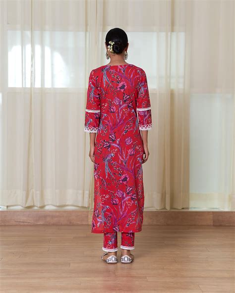 Red Cotton Printed Kurta With Pants & Dupatta – CottonThreads.com