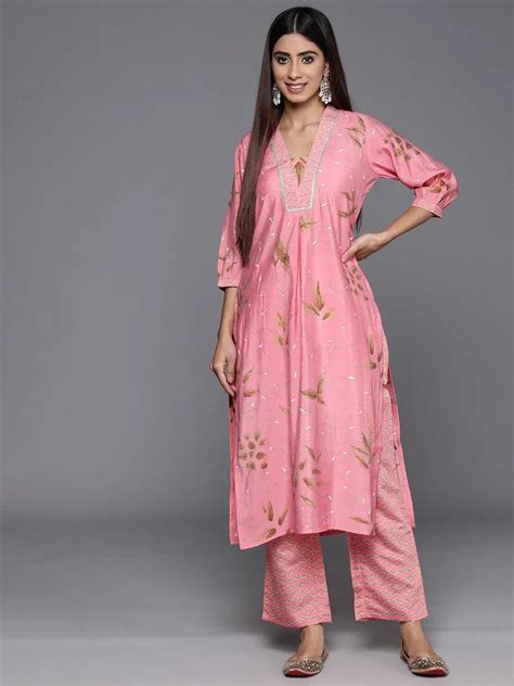 Buy Pink Printed Silk Blend Straight Kurta Set Online at Rs.1139 | Libas