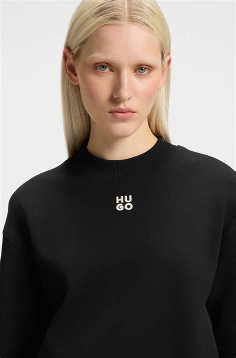 HUGO - Cotton-terry sweatshirt with stacked-logo embroidery - Black